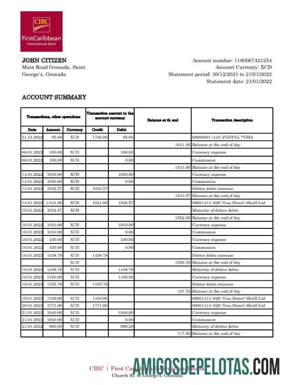 Grenada CIBC modelo de extrato bancário